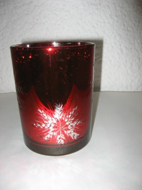 Windlicht Glas rot mit Flocke H 12.5 cm