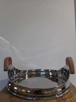 Tablett Nickel m. Ledergriff  D 40cm